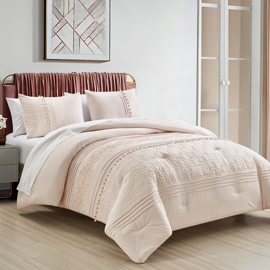 Athena 7-Piece Floral Embroidery Pom Pom Bed in a Bag Comforter Set