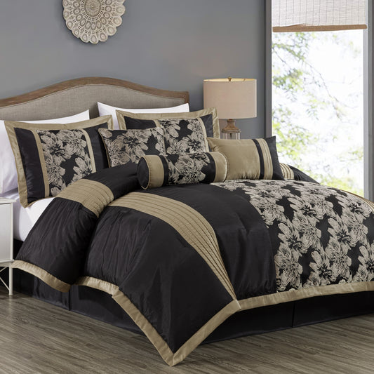 Luxury 7-Piece Jacquard Comforter Set Black Gold Hibiscus Floral Bedding with Cushions