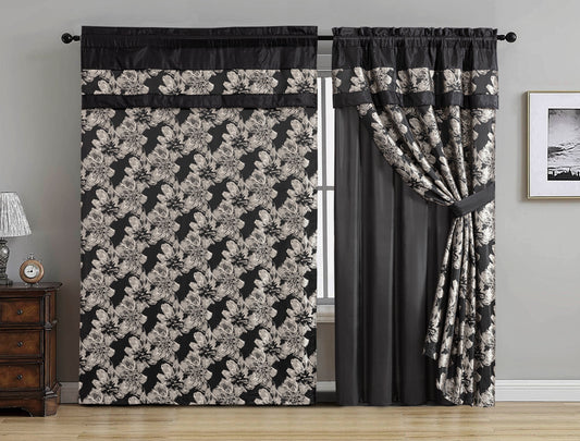 Kelsey 4-Piece Black Gold Jacquard Floral Hibiscus Window Curtain Set