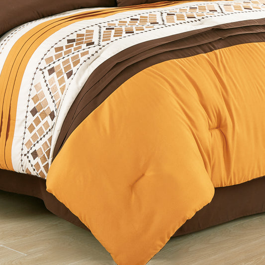 Maple 7-Piece Geometric Embroidery Pleated Striped Comforter Bedding Set