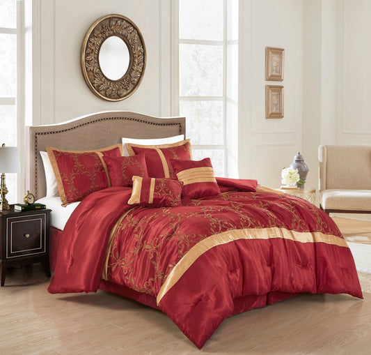 Luxurious 7-Piece Faux Silk Floral Vine Embroidered Comforter Set
