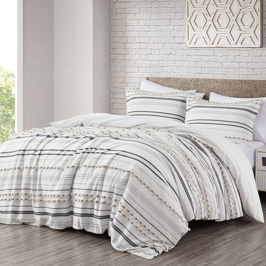 Maru Cotton Clip Jacquard Tufted Pompom Striped Duvet Cover Set with Button Closure