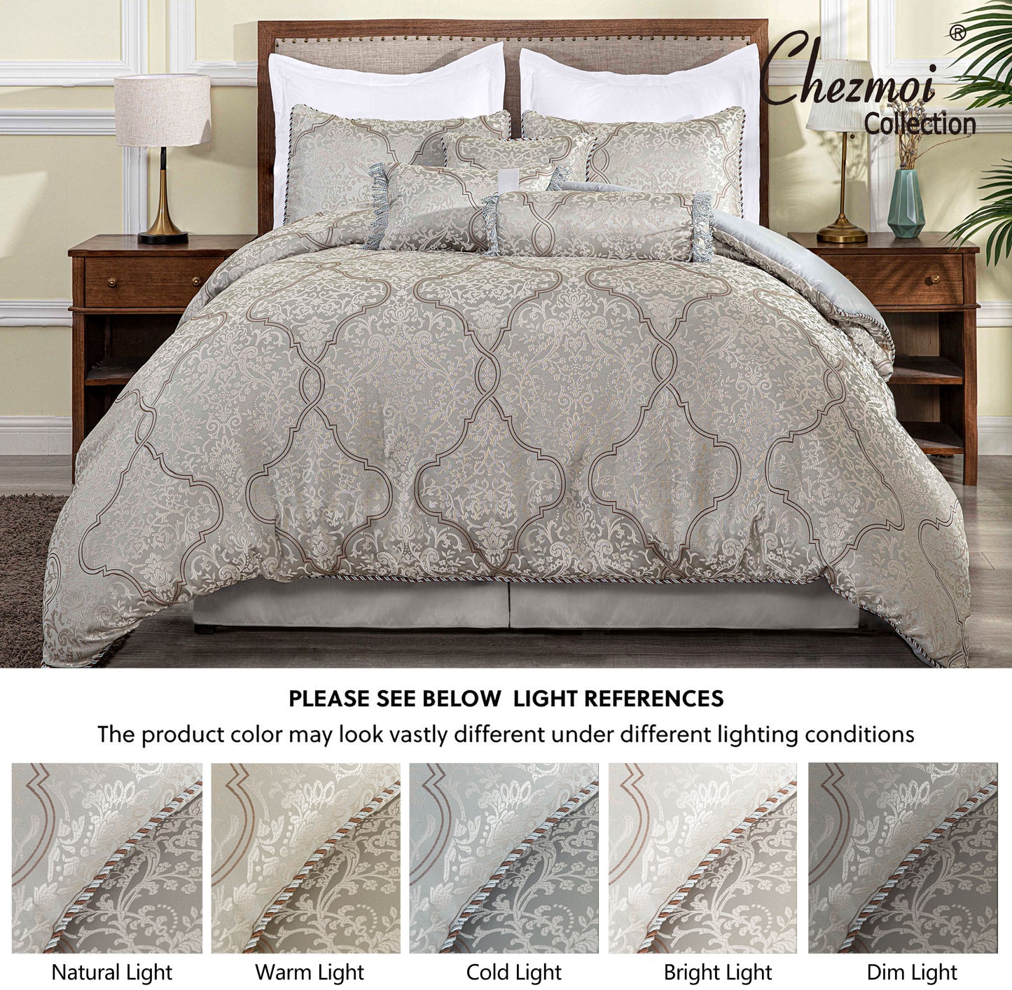 Noelle 7-Piece Silver Gray Brown Floral Medallion Jacquard Comforter Set