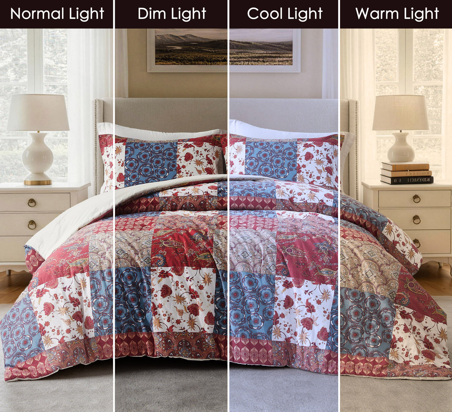 Rowan 2/3-Piece Washed Cotton Comforter Set, Printed Patchwork Vintage Floral Paisley Patterns Lightweight All-Season Bedding Set