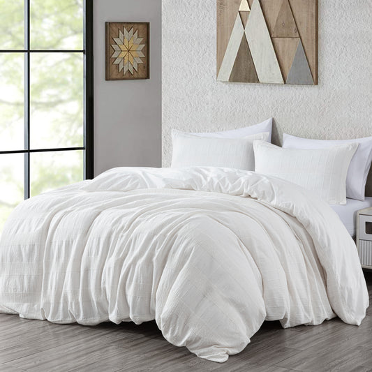 Yuki Cotton Clip Jacquard Textured Tufted Basket Weave Duvet Cover Set with Button Closure