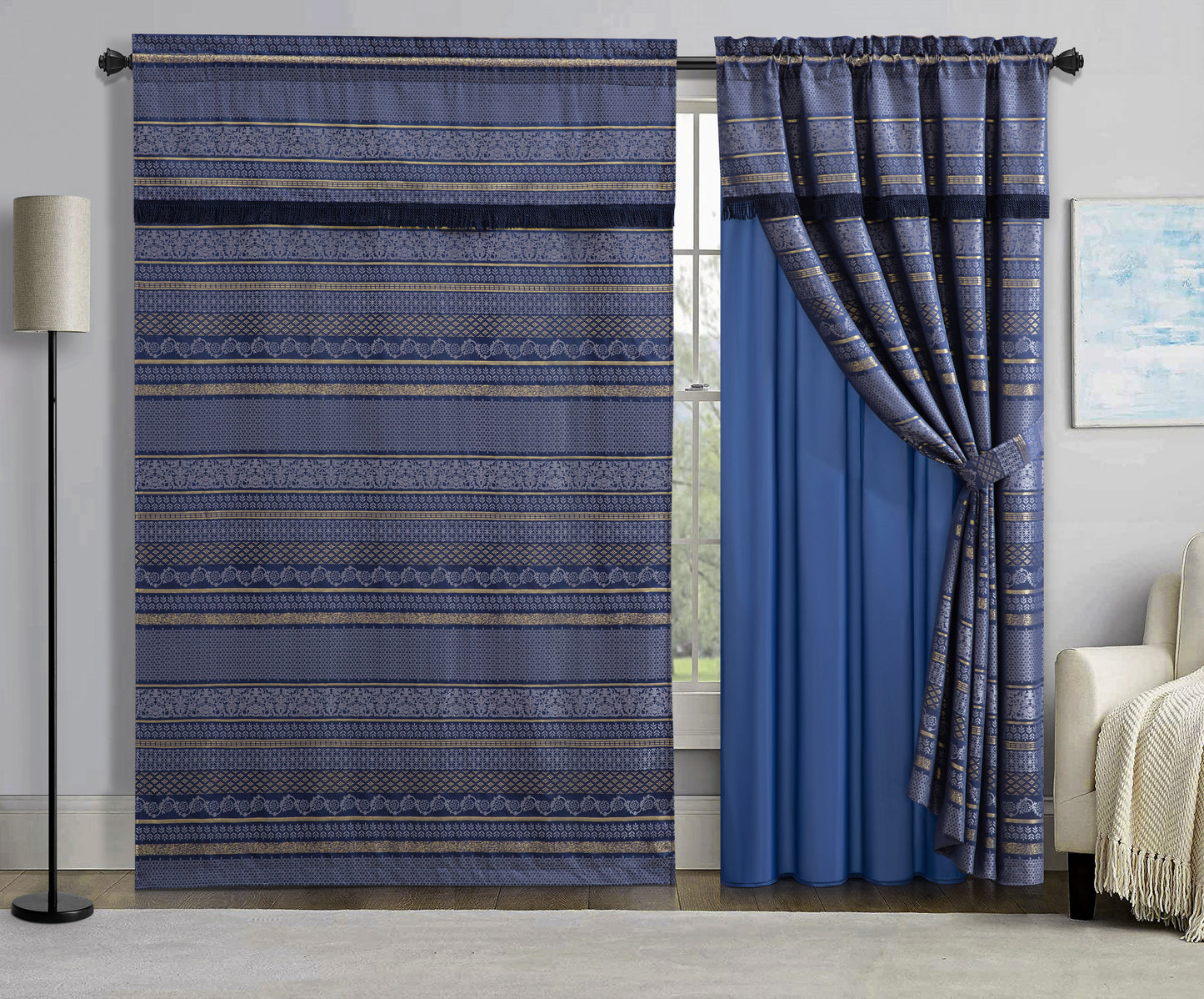 4-Piece Jacquard Window Curtain/Drape Set, Attached Sheer Backing and Valance
