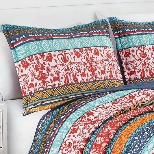 Amara Bohemian Floral Stripe Printed Microfiber Quilt Set