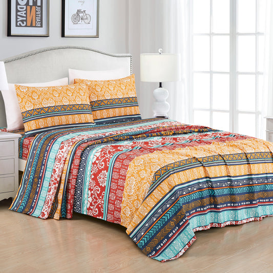 Amara Boho Floral Stripe Printed Microfiber Bed Sheet Set