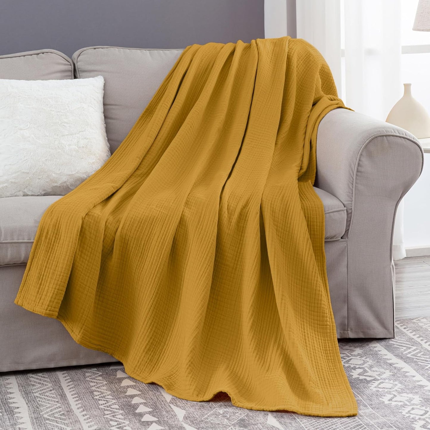 100% Cotton 4 Layer Soft Muslin Blanket, Lightweight Breathable Pre-Washed Throw for All Season