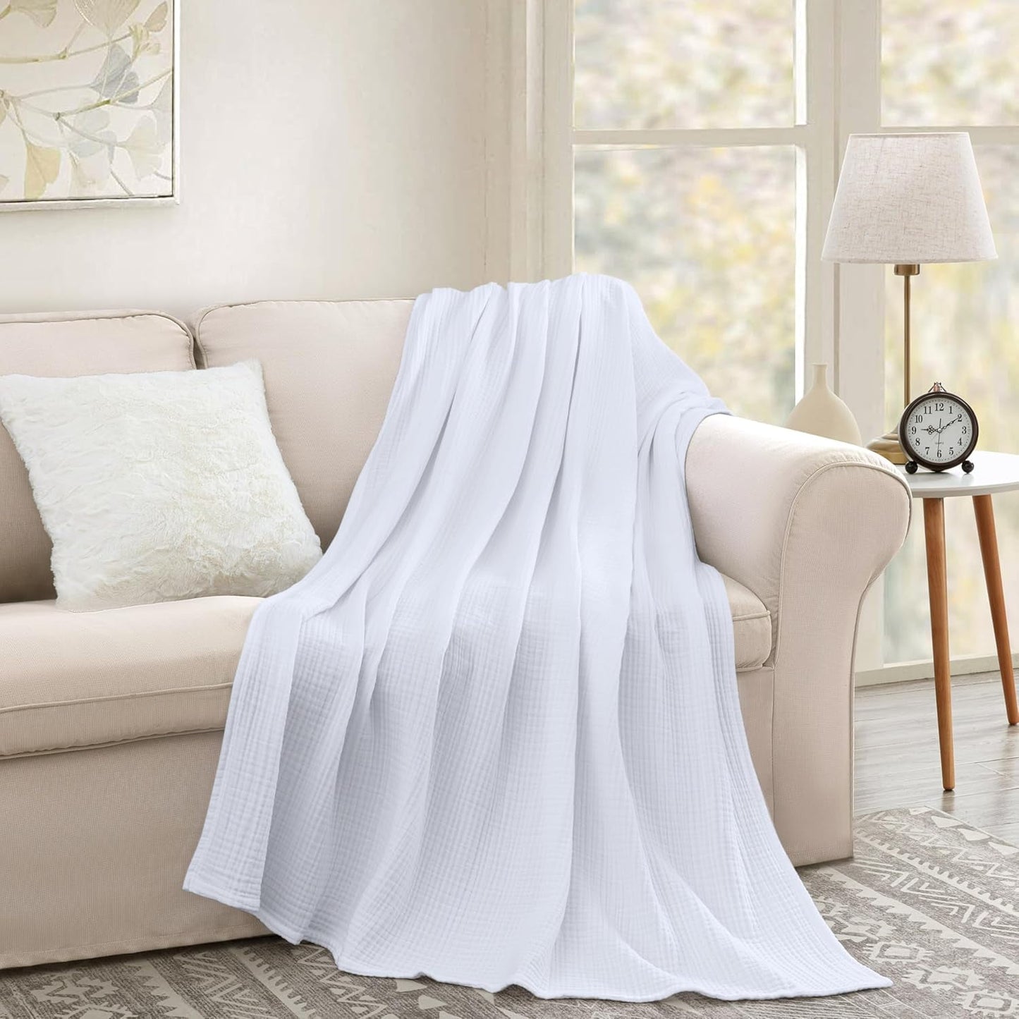 100% Cotton 4 Layer Soft Muslin Blanket, Lightweight Breathable Pre-Washed Throw for All Season