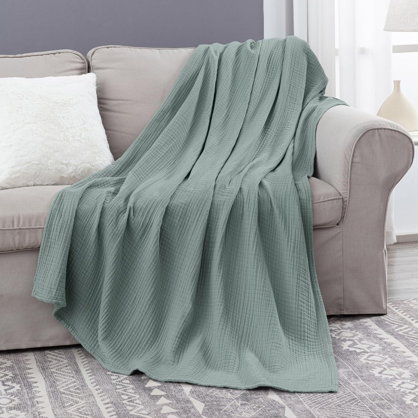 100% Cotton 4 Layer Soft Muslin Blanket, Lightweight Breathable Pre-Washed Throw for All Season