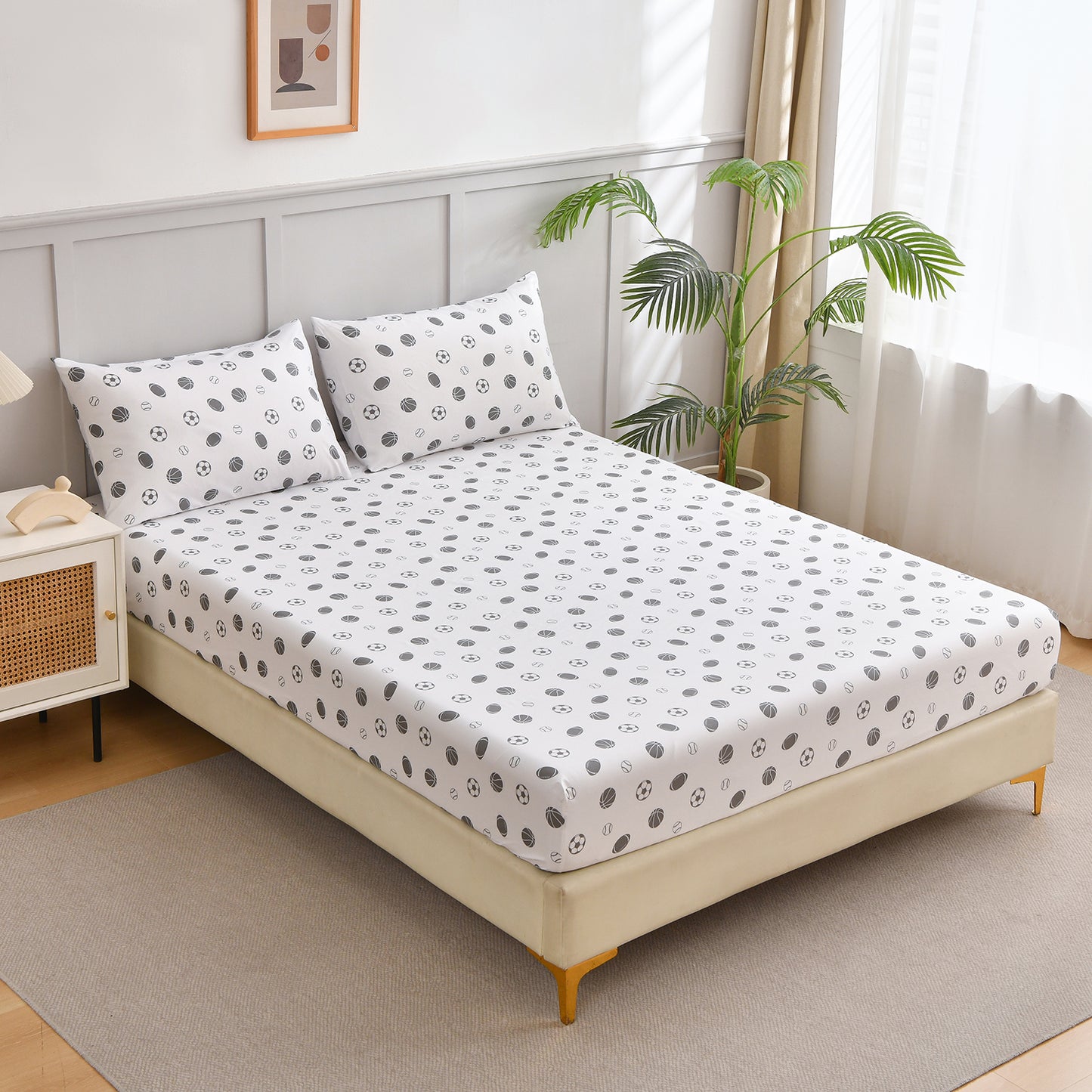 2-Pack Kids/Teens Sports Printed Fitted Sheet Set – 2 Fitted Sheets + 4 Pillowcases (No Flat Sheet)