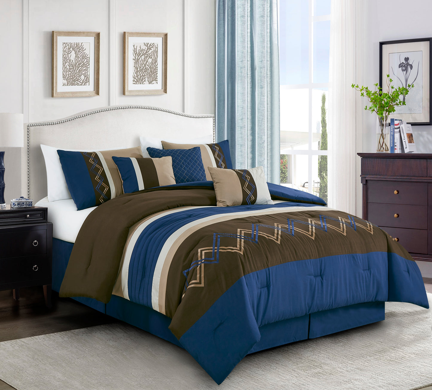 Arden 7-Piece Modern Stripe Embroidery Zigzag Comforter Set