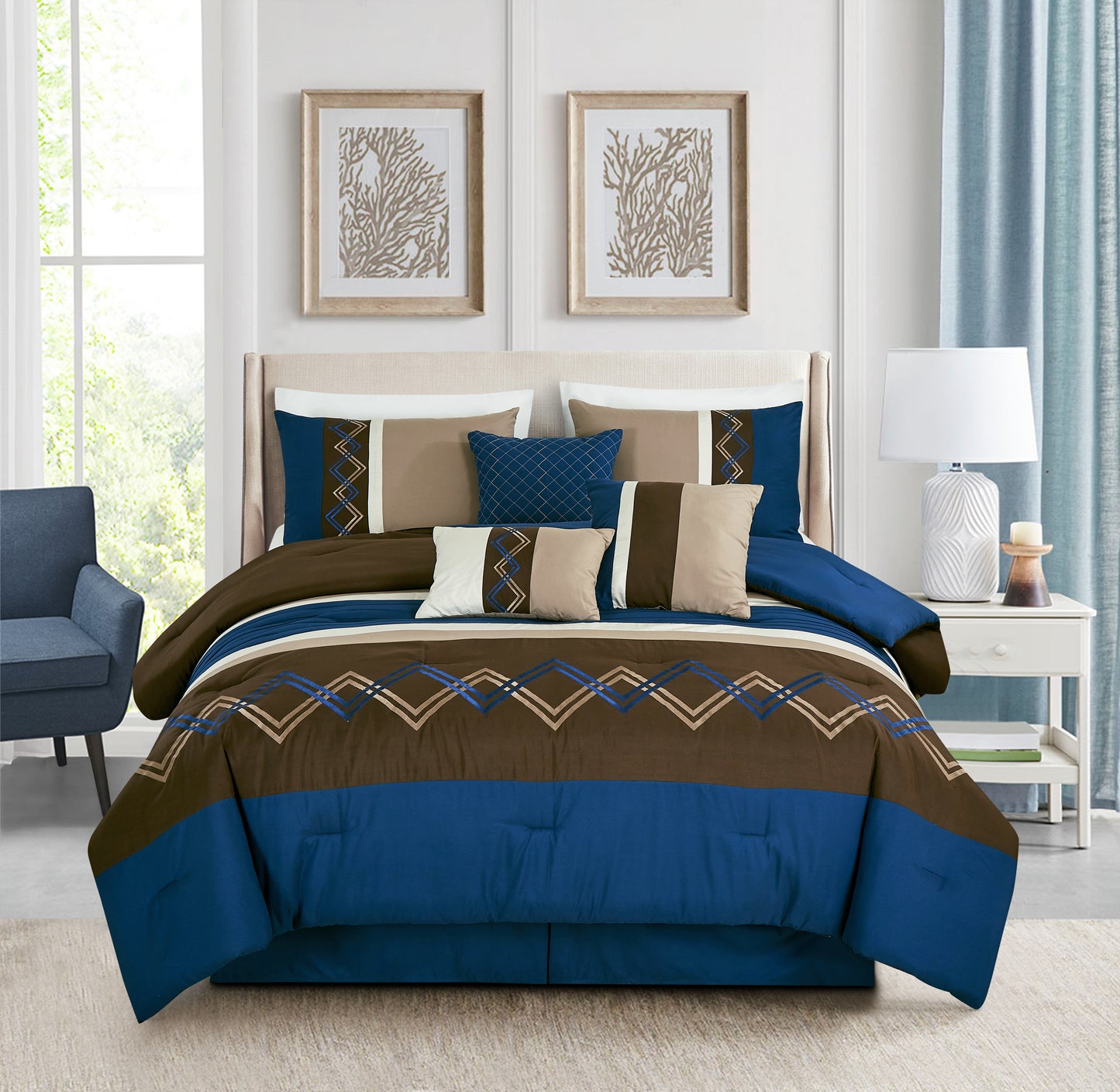 Arden 7-Piece Modern Stripe Embroidery Zigzag Comforter Set