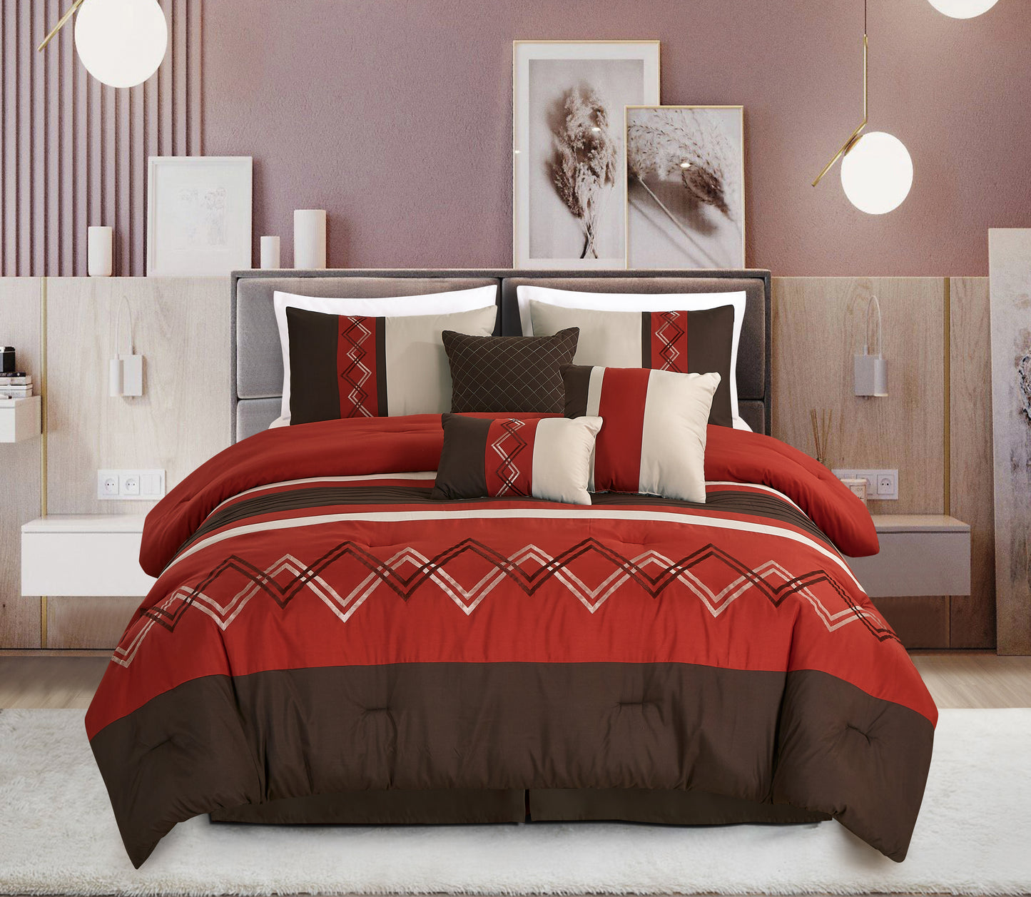 Arden 7-Piece Modern Stripe Embroidery Zigzag Comforter Set