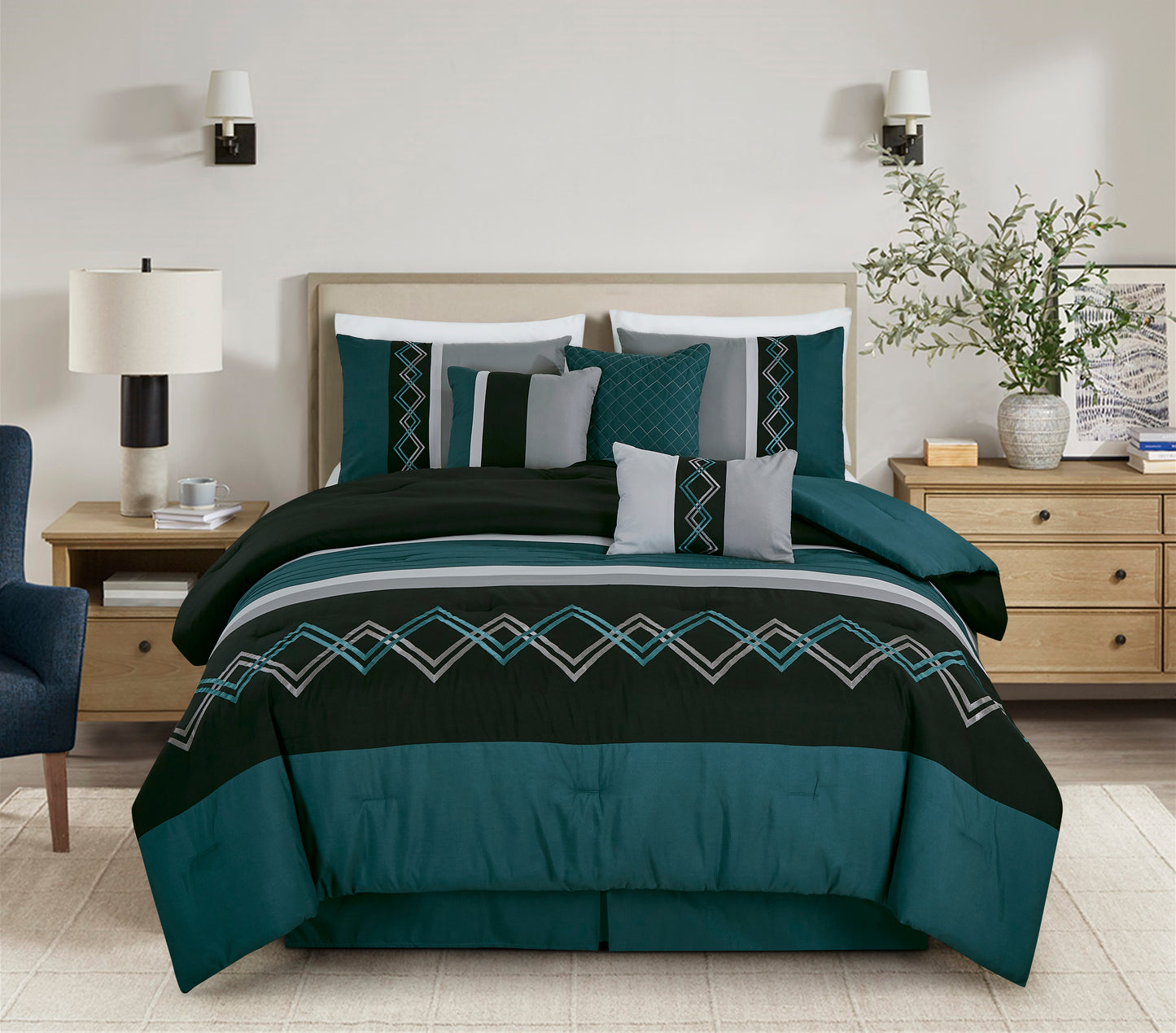 Arden 7-Piece Modern Stripe Embroidery Zigzag Comforter Set