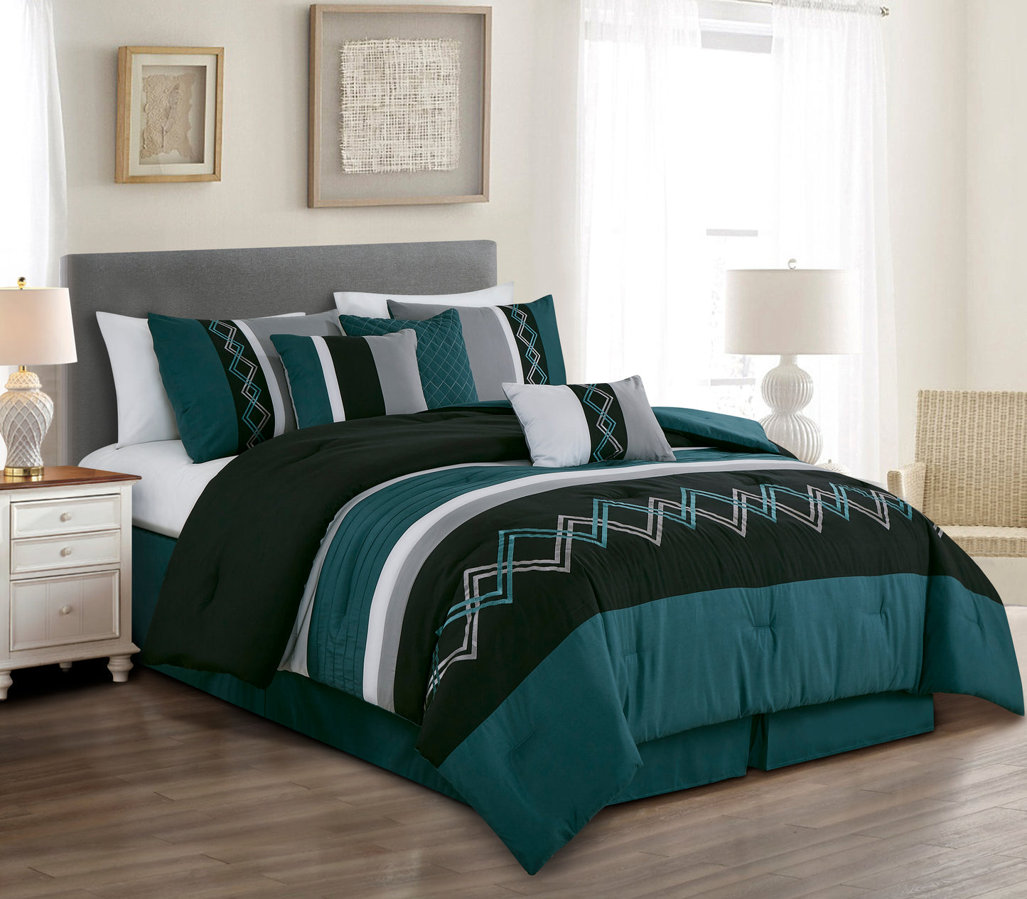 Arden 7-Piece Modern Stripe Embroidery Zigzag Comforter Set