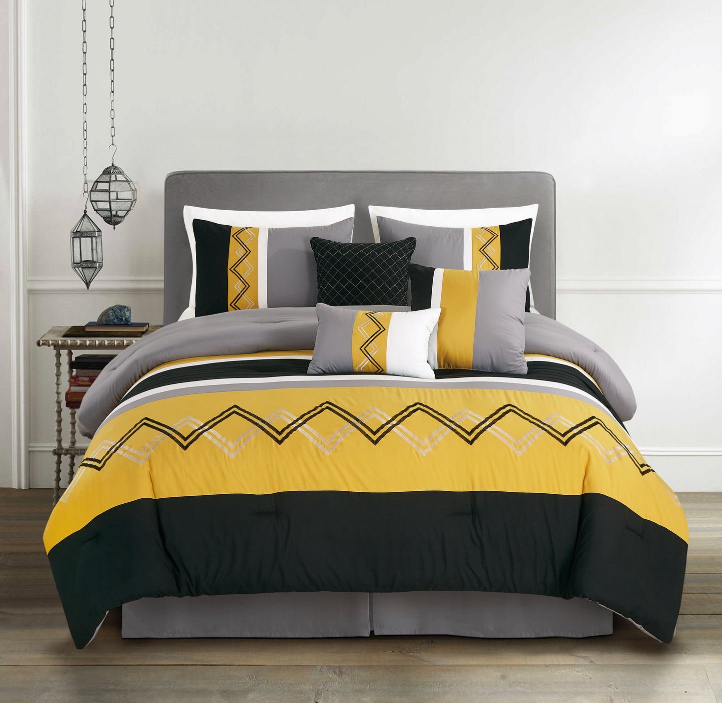 Arden 7-Piece Modern Stripe Embroidery Zigzag Comforter Set