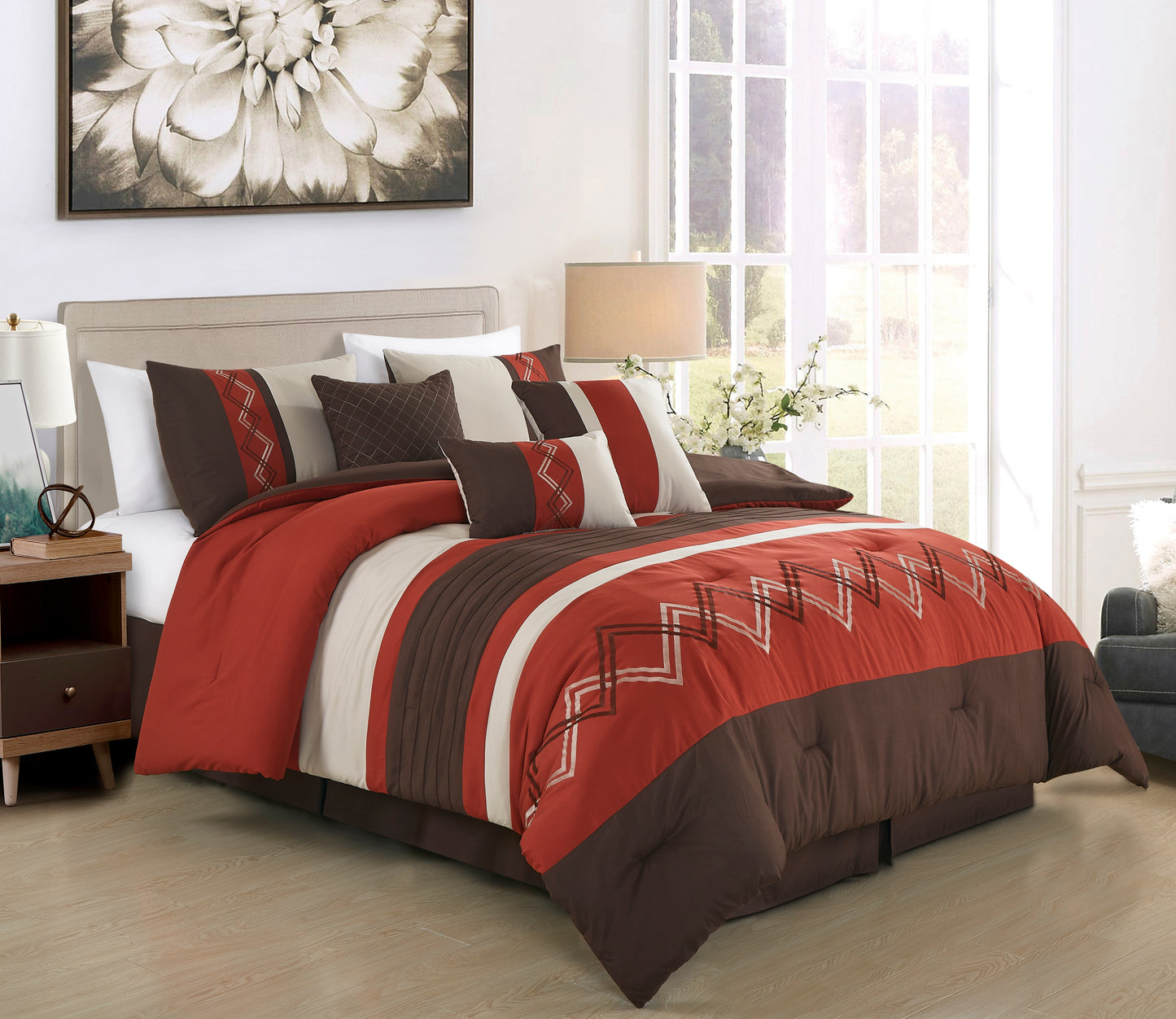 Arden 7-Piece Modern Stripe Embroidery Zigzag Comforter Set