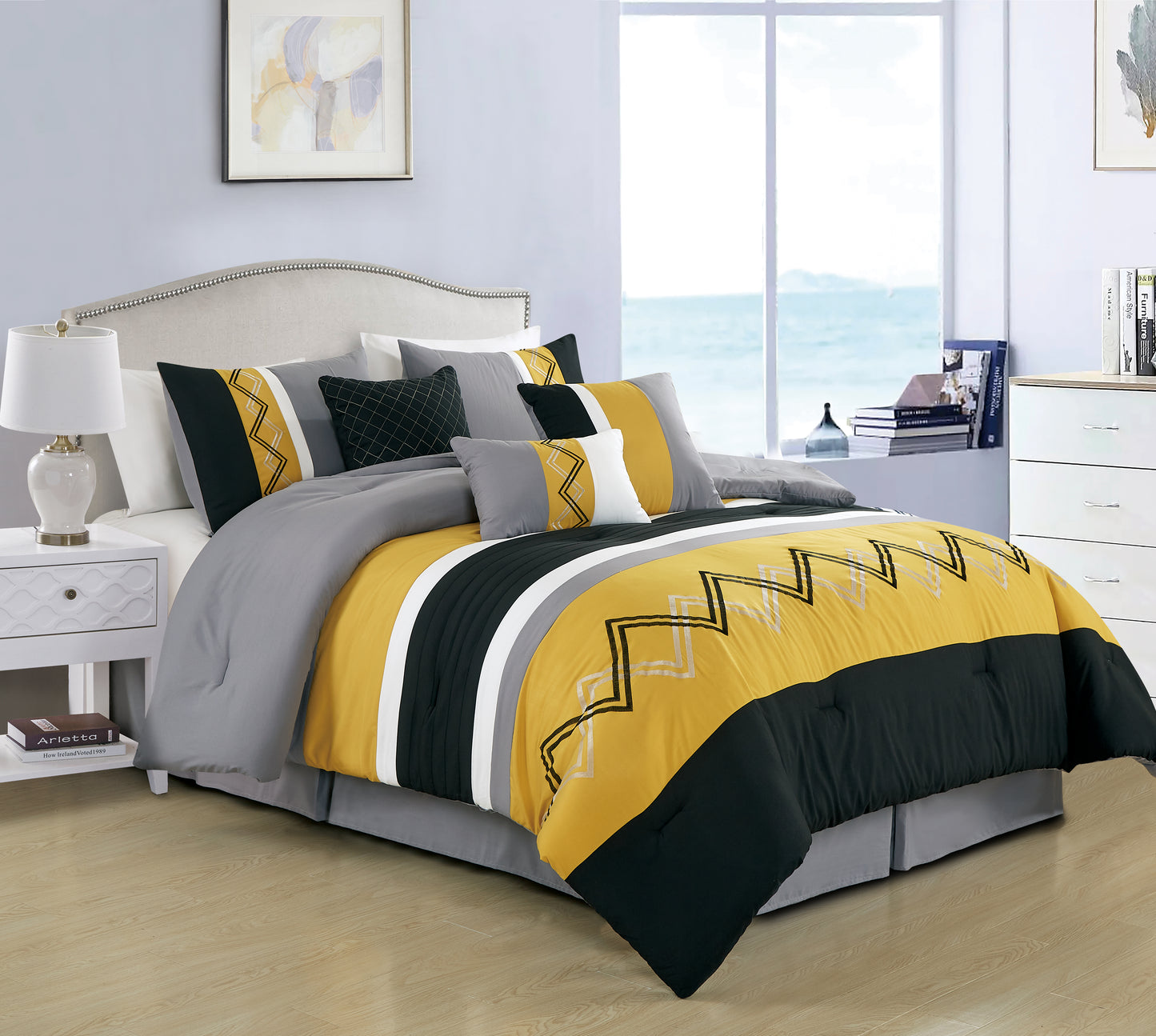 Arden 7-Piece Modern Stripe Embroidery Zigzag Comforter Set