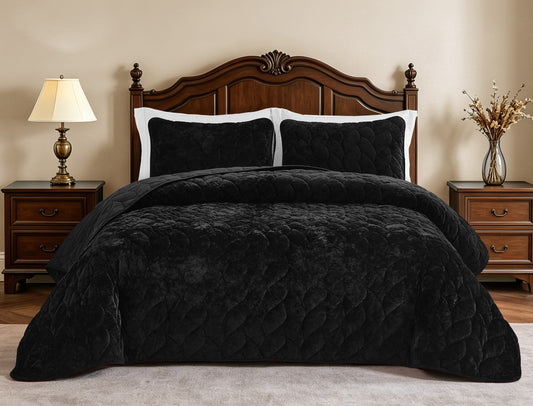 Aspen 3-Piece Reversible Distressed Luxury Leaf Quilted Velvet Quilt Set