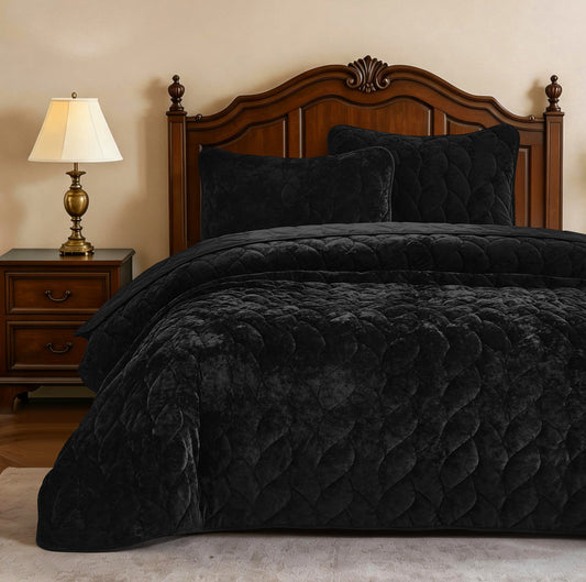 Aspen 3-Piece Reversible Distressed Luxury Leaf Quilted Velvet Quilt Set