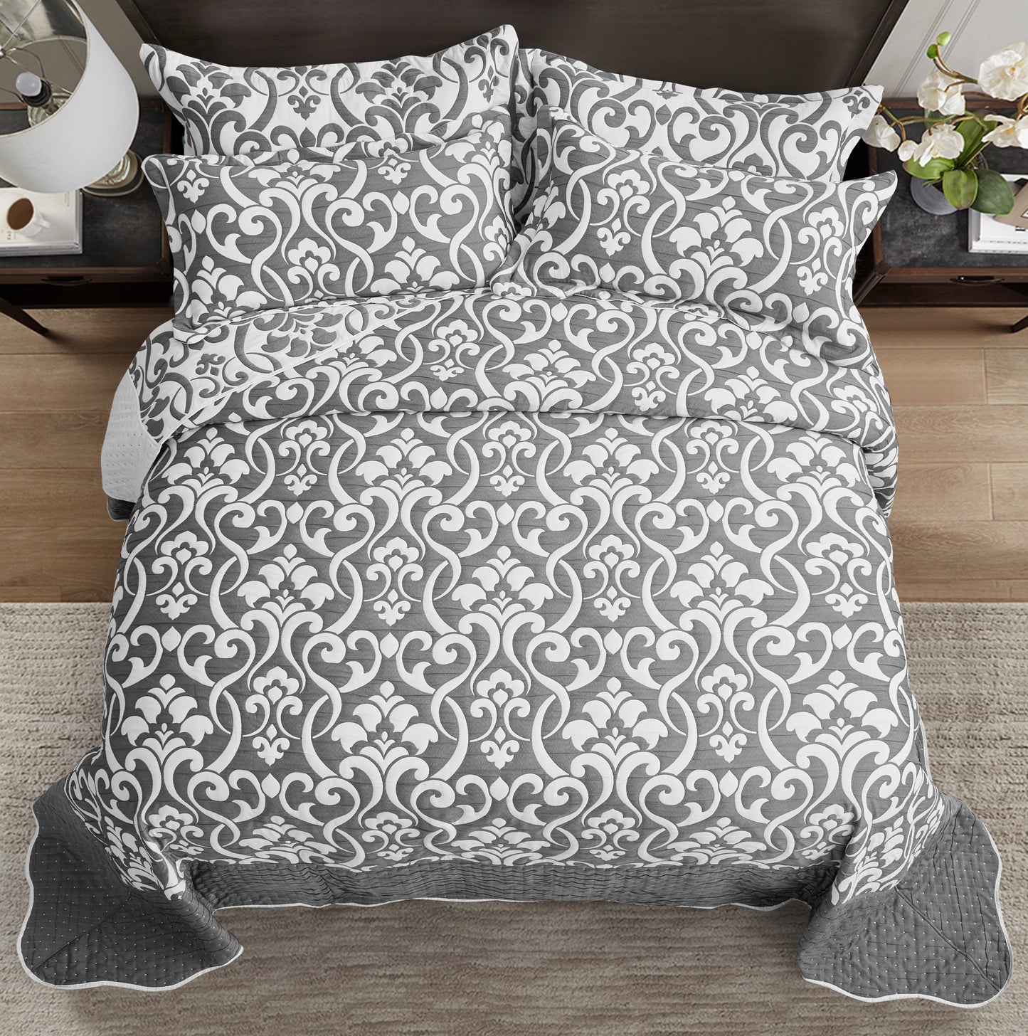 5-Piece Oversized Jacquard Matelasse Damask Pattern Lightweight Reversible Coverlet Set Textured Dot Border