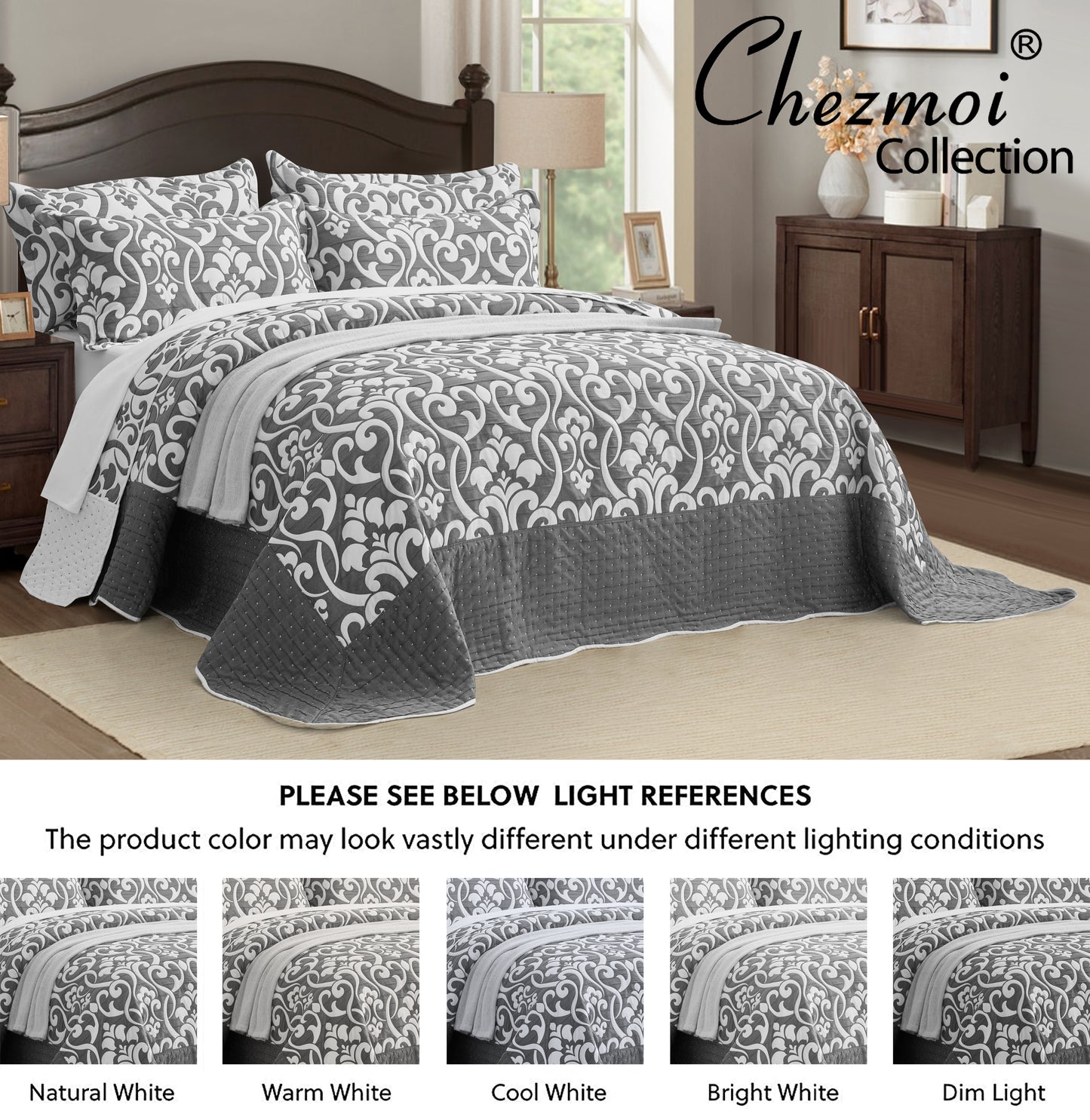 5-Piece Oversized Jacquard Matelasse Damask Pattern Lightweight Reversible Coverlet Set Textured Dot Border