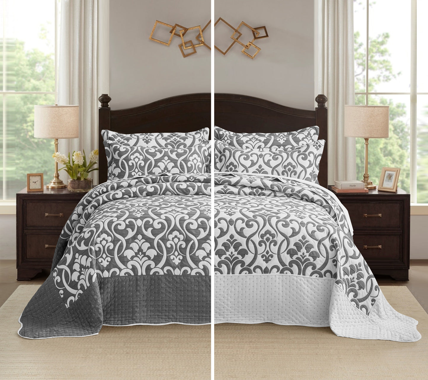5-Piece Oversized Jacquard Matelasse Damask Pattern Lightweight Reversible Coverlet Set Textured Dot Border
