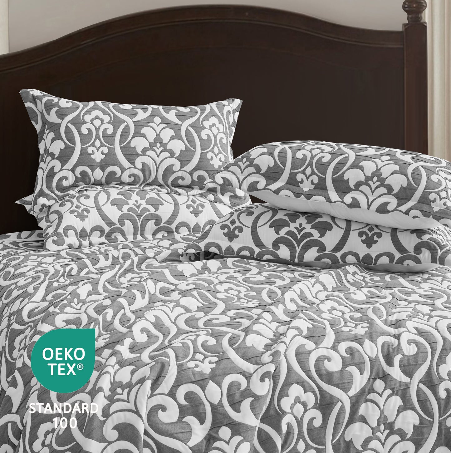 5-Piece Oversized Jacquard Matelasse Damask Pattern Lightweight Reversible Coverlet Set Textured Dot Border