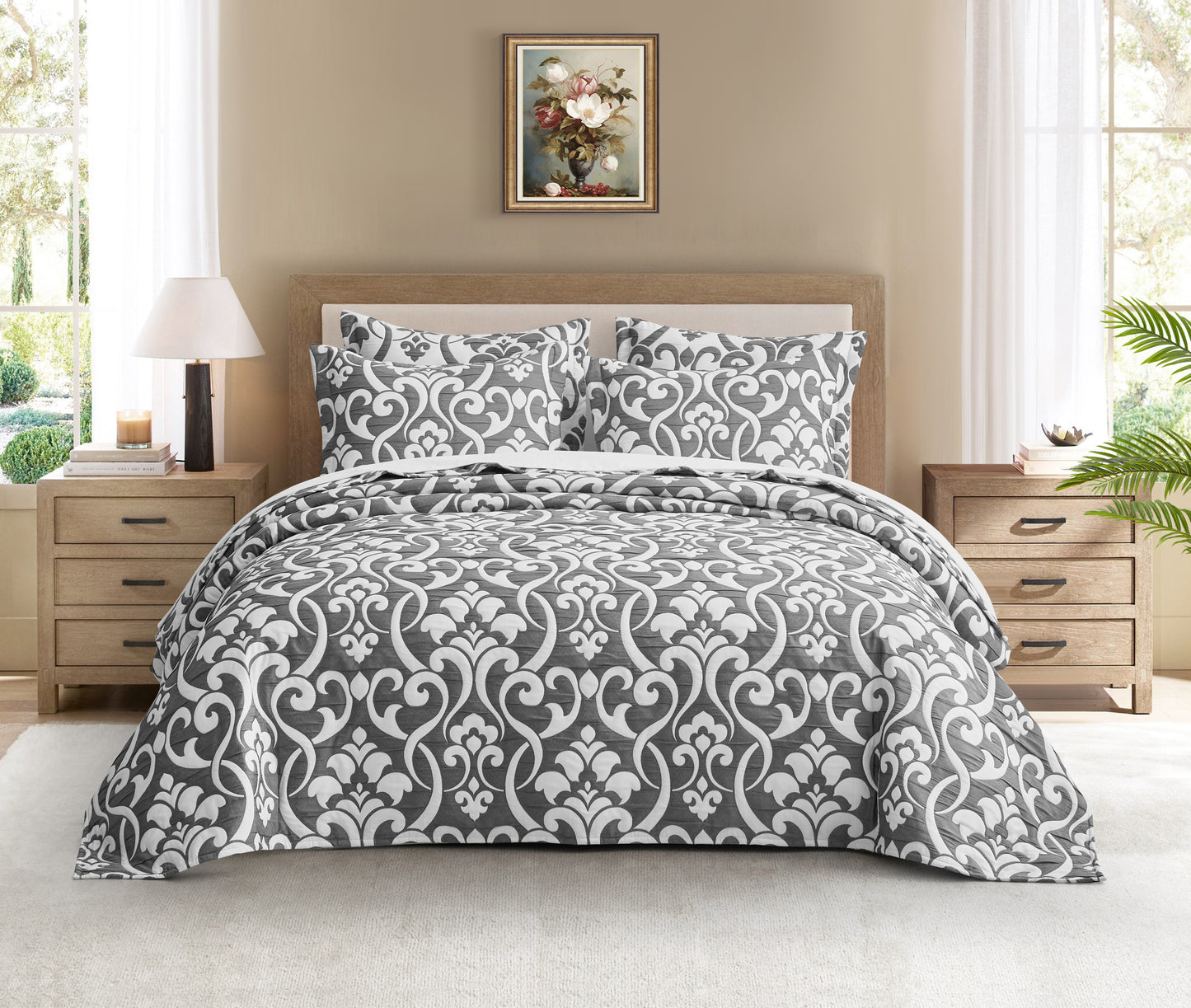5-Piece Oversized Jacquard Matelasse Damask Pattern Lightweight Reversible Coverlet Set