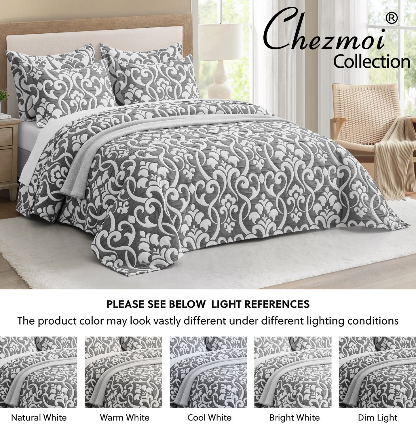 5-Piece Oversized Jacquard Matelasse Damask Pattern Lightweight Reversible Coverlet Set