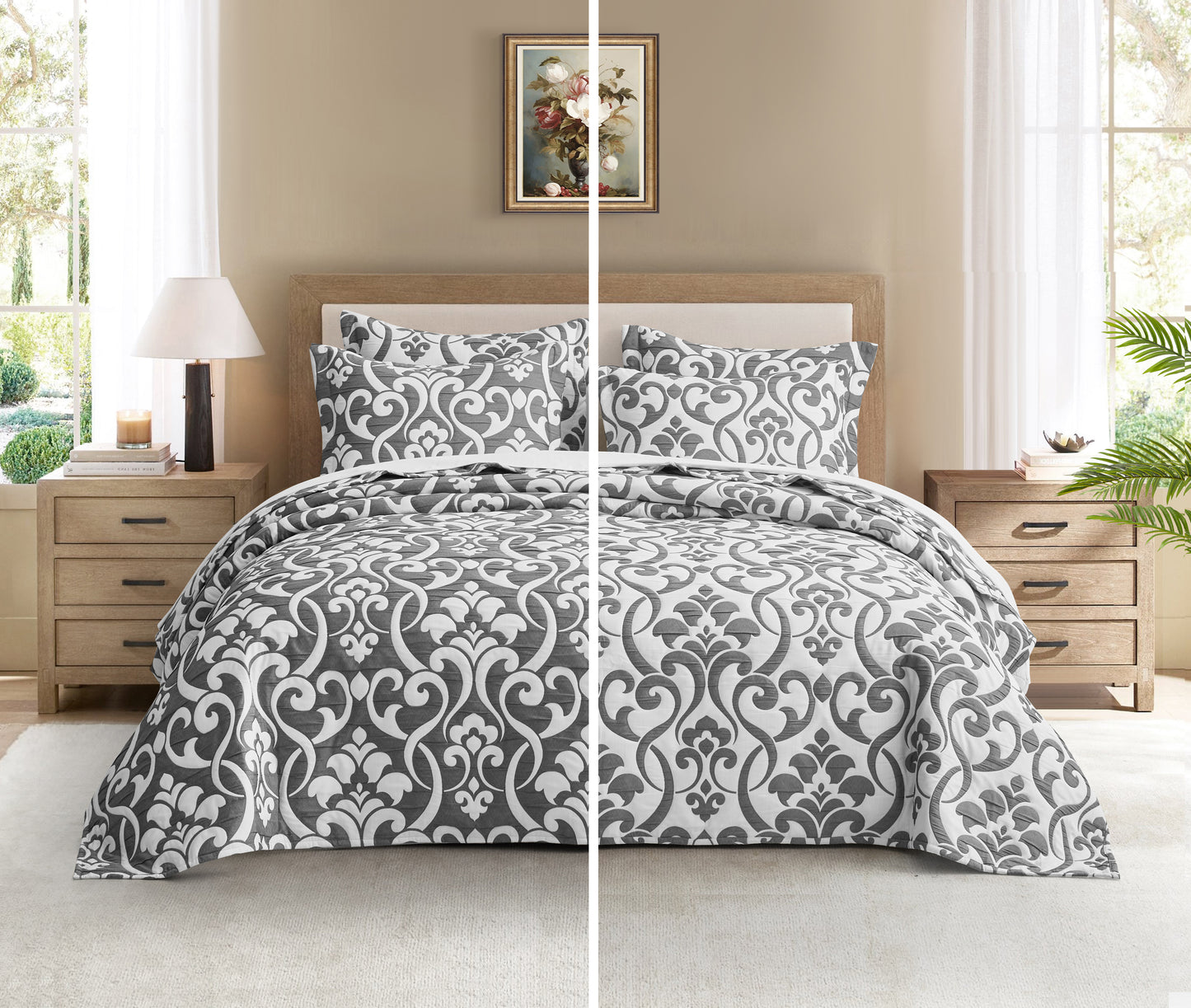 5-Piece Oversized Jacquard Matelasse Damask Pattern Lightweight Reversible Coverlet Set