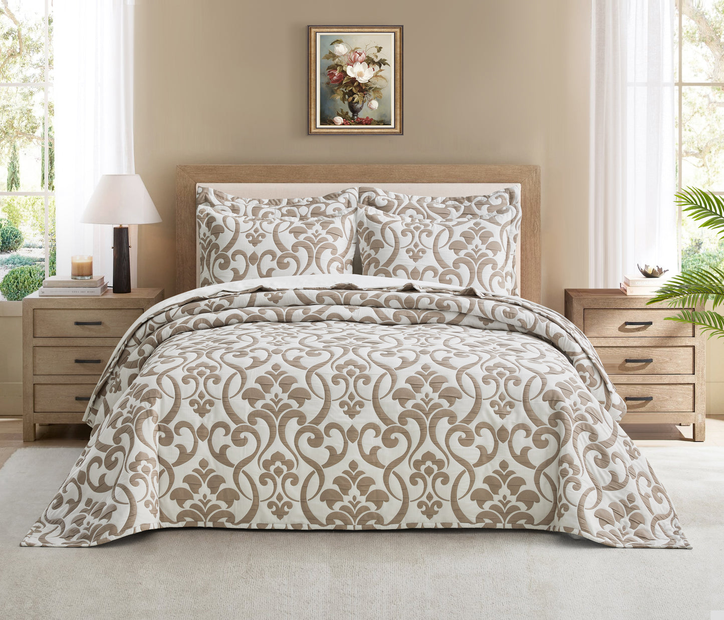 5-Piece Oversized Jacquard Matelasse Damask Pattern Lightweight Reversible Coverlet Set