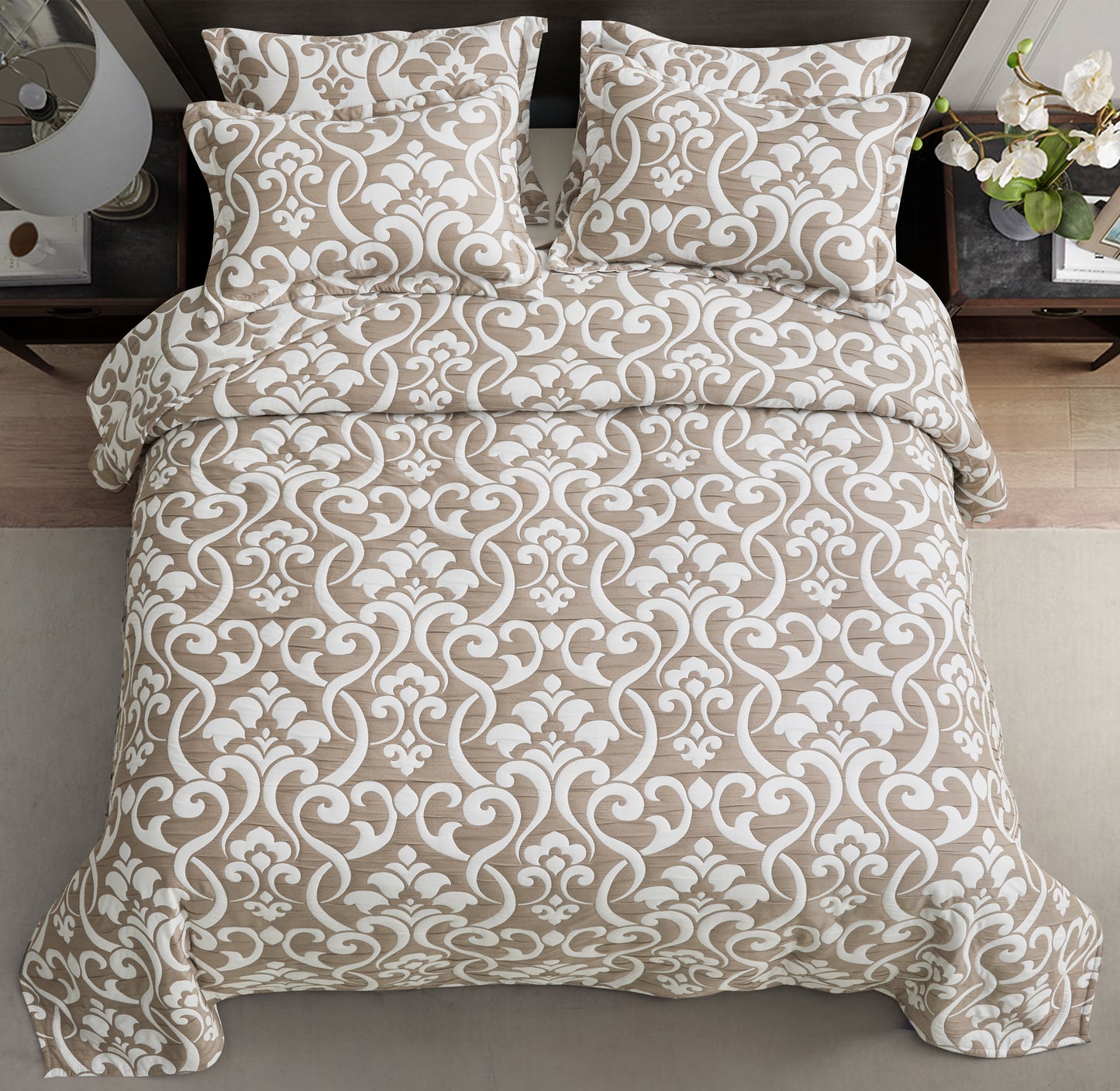 5-Piece Oversized Jacquard Matelasse Damask Pattern Lightweight Reversible Coverlet Set