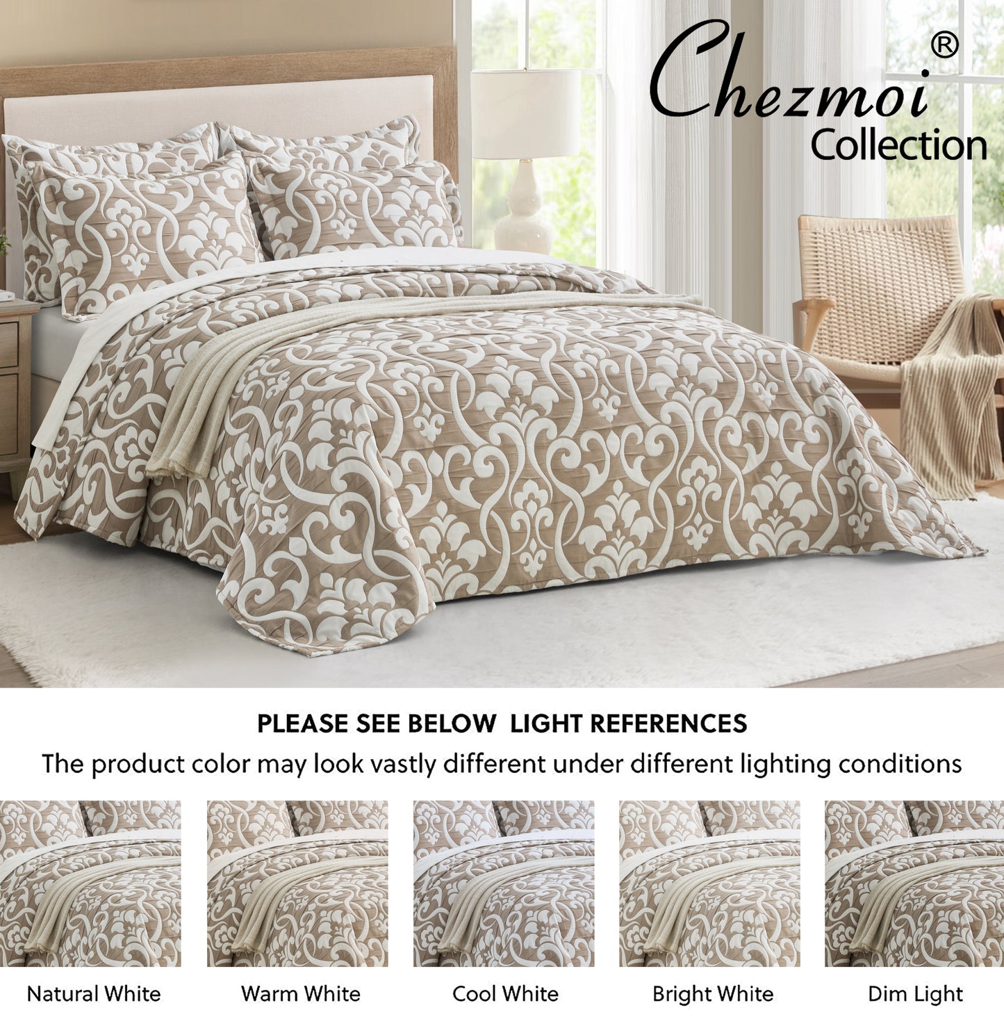 5-Piece Oversized Jacquard Matelasse Damask Pattern Lightweight Reversible Coverlet Set