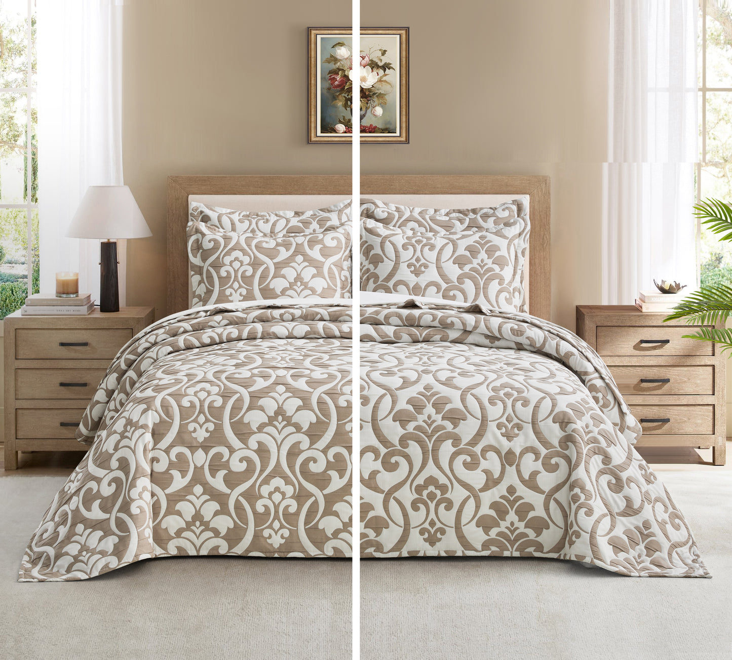 5-Piece Oversized Jacquard Matelasse Damask Pattern Lightweight Reversible Coverlet Set