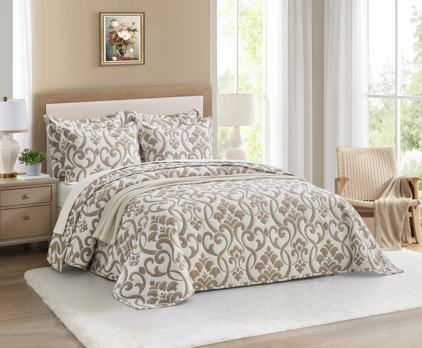 5-Piece Oversized Jacquard Matelasse Damask Pattern Lightweight Reversible Coverlet Set