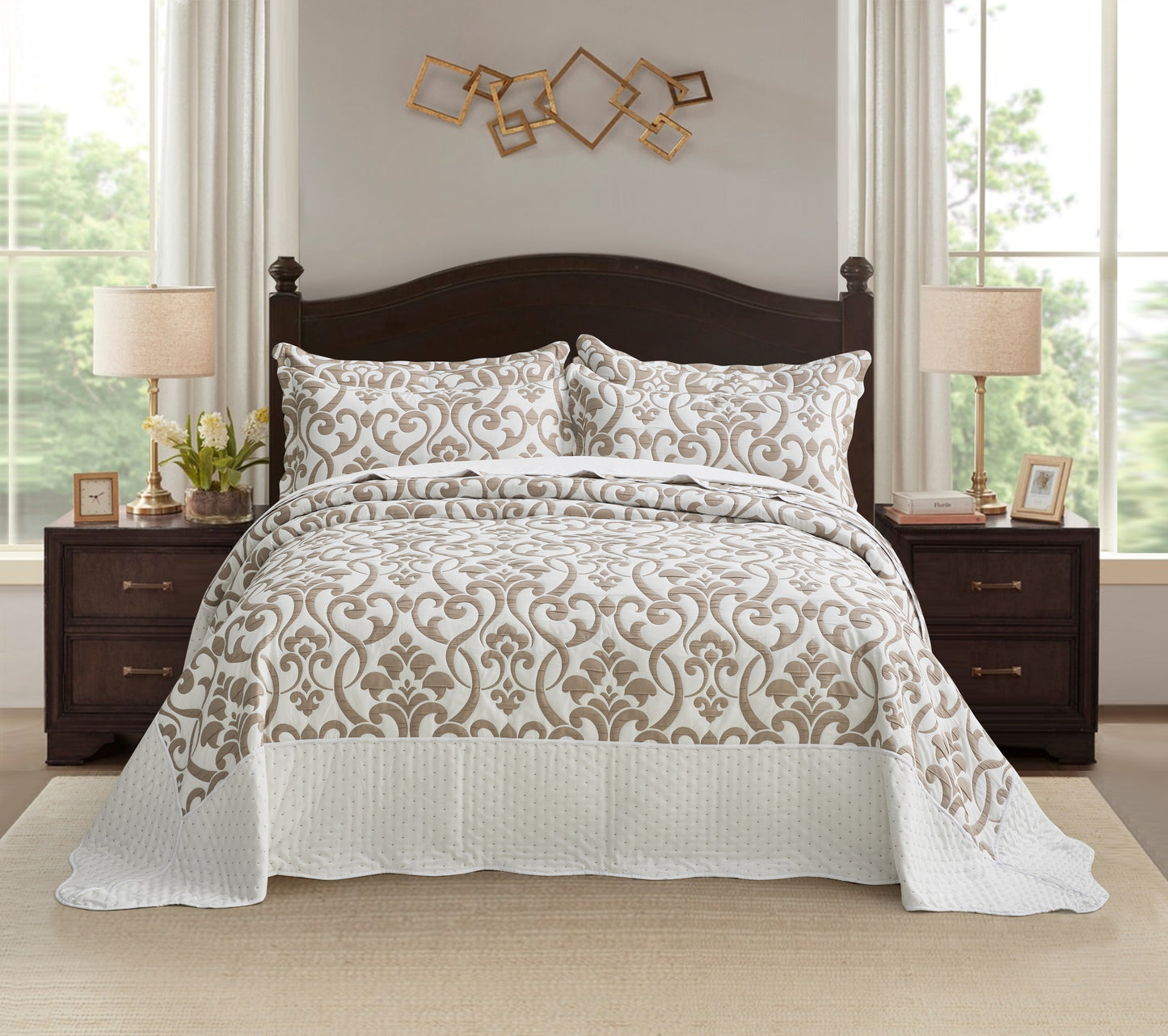 5-Piece Oversized Jacquard Matelasse Damask Pattern Lightweight Reversible Coverlet Set Textured Dot Border