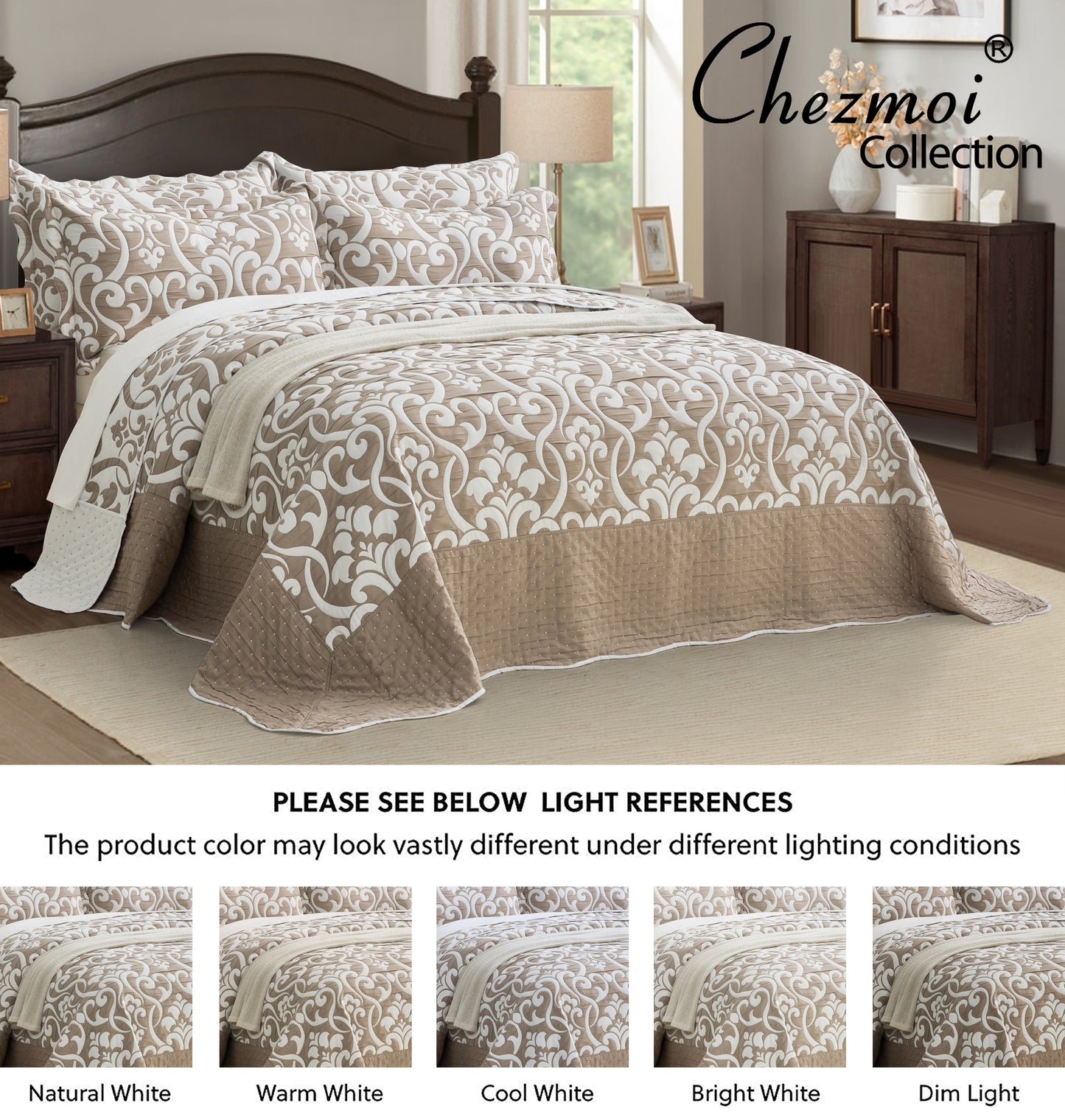 5-Piece Oversized Jacquard Matelasse Damask Pattern Lightweight Reversible Coverlet Set Textured Dot Border