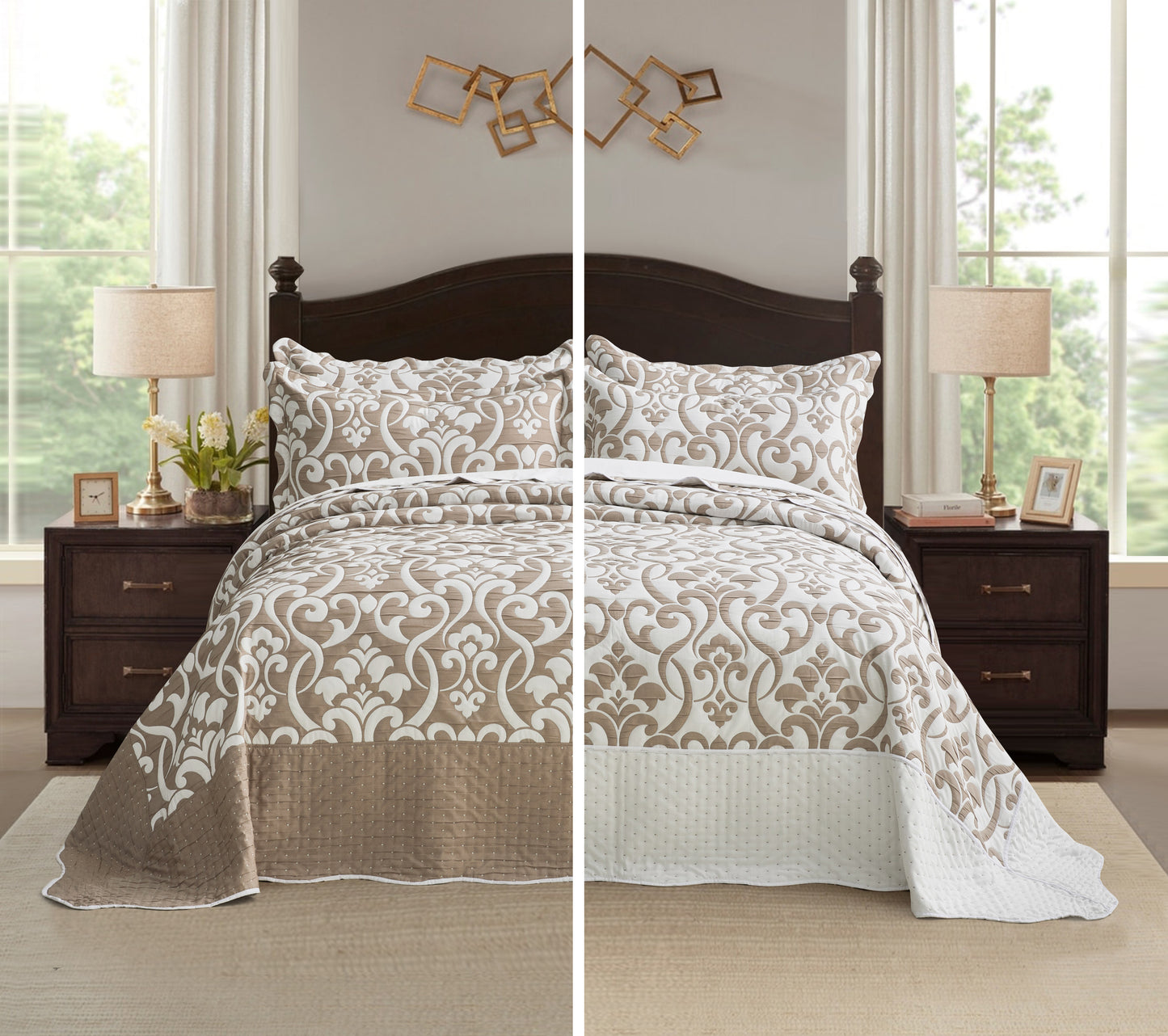 5-Piece Oversized Jacquard Matelasse Damask Pattern Lightweight Reversible Coverlet Set Textured Dot Border