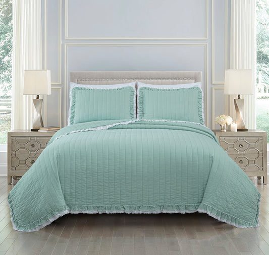 Bonnie 3-Piece 100% Cotton Quilt Set, Double Frayed Ruffled Edge Soft-Finished Cotton Bedspread for All Season