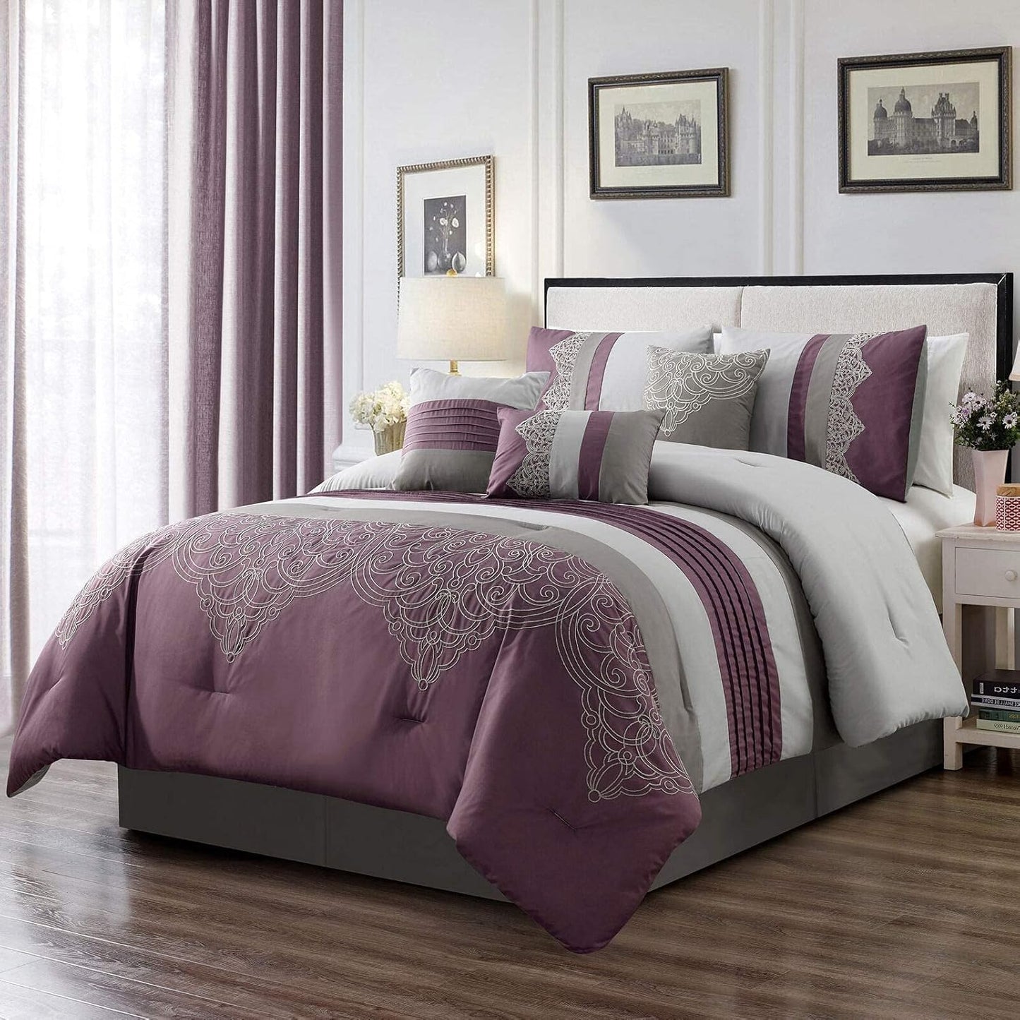 Chloe 7-Piece Geometric Medallion Embroidery Pleated Striped Comforter Set
