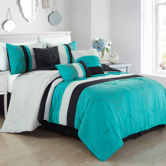 Chloe 7-Piece Geometric Medallion Embroidery Pleated Striped Comforter Set