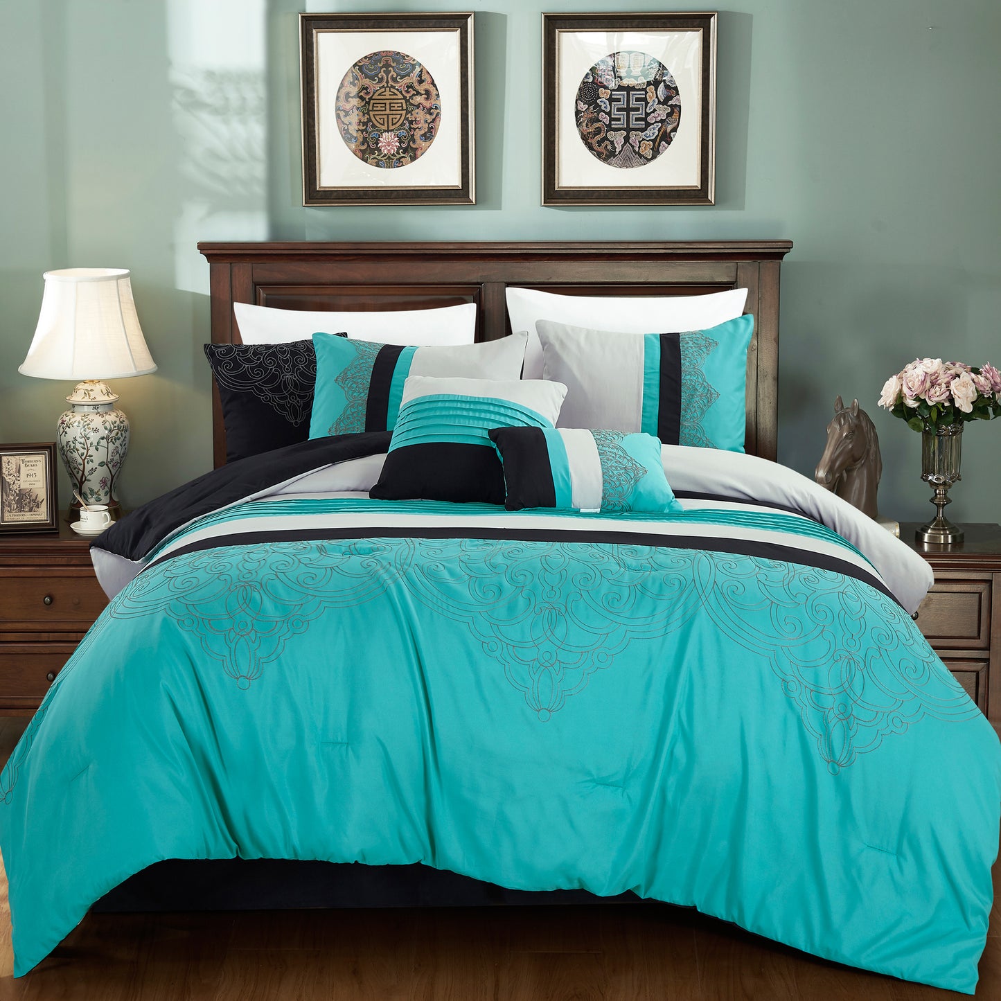 Chloe 7-Piece Geometric Medallion Embroidery Pleated Striped Comforter Set