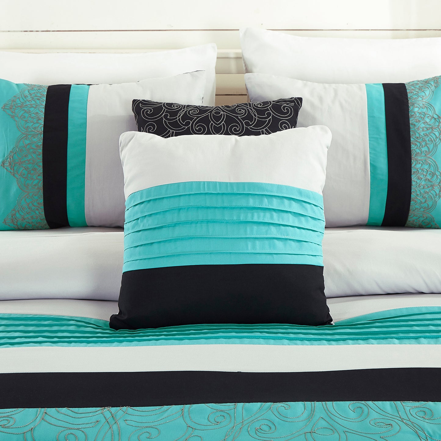 Chloe 7-Piece Geometric Medallion Embroidery Pleated Striped Comforter Set
