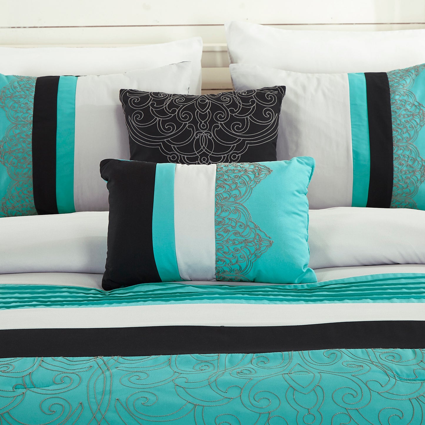 Chloe 7-Piece Geometric Medallion Embroidery Pleated Striped Comforter Set