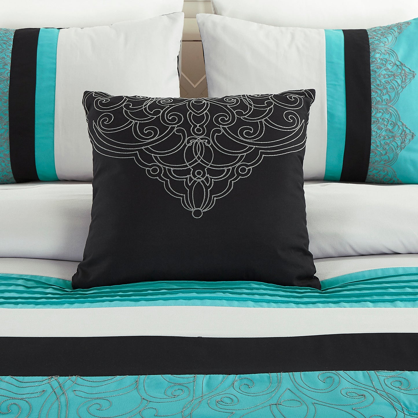 Chloe 7-Piece Geometric Medallion Embroidery Pleated Striped Comforter Set