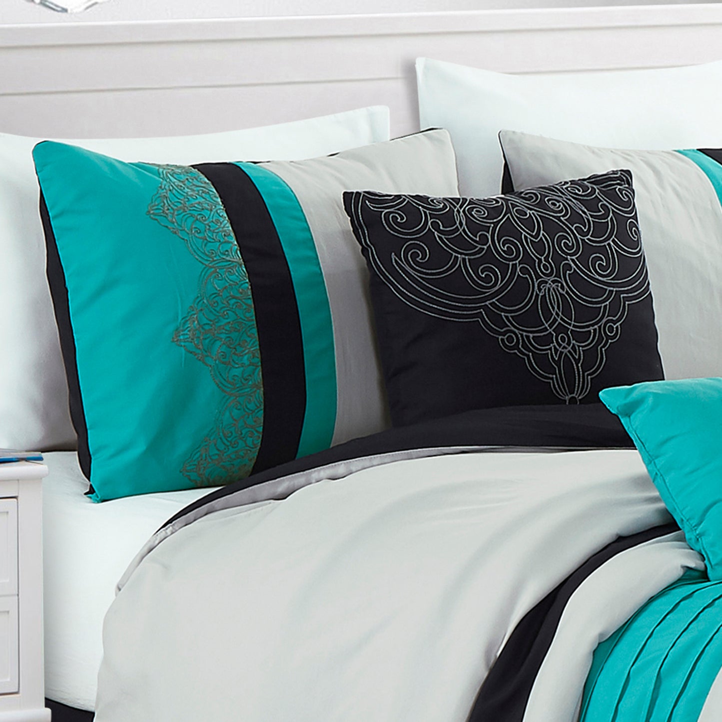 Chloe 7-Piece Geometric Medallion Embroidery Pleated Striped Comforter Set