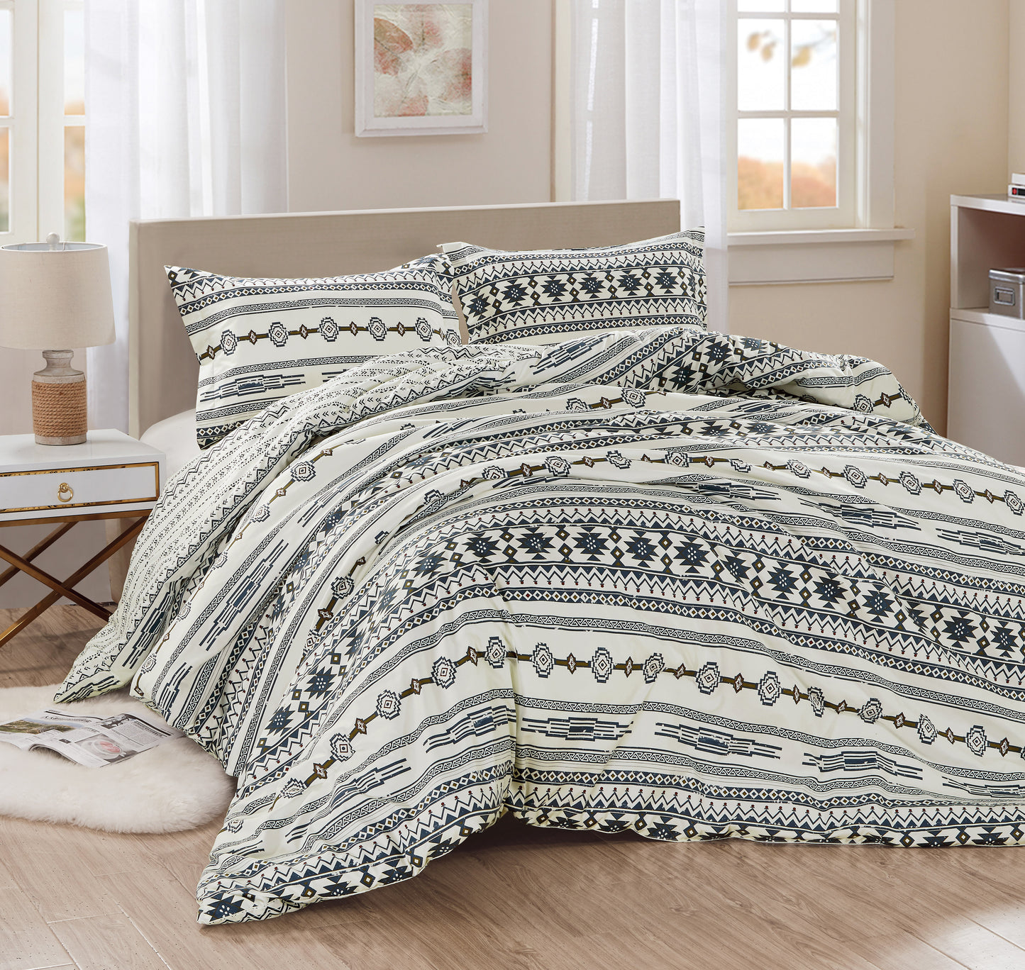 Colby 2/3-Piece Ivory Navy Brown Red Printed Southwestern Tribal Lodge Reversible Comforter Set